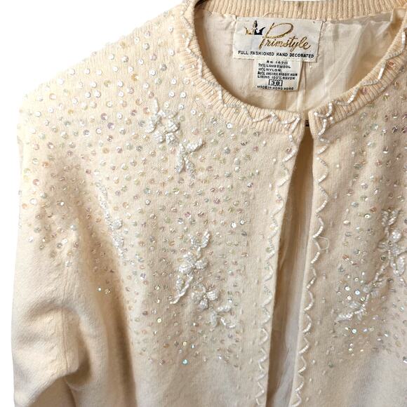 Vintage Beaded Cardigan Sweater Primstyle 38 Cream Angora Wool Sequin Hong Kong - Picture 2 of 16
